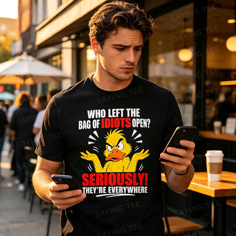 Who Left The Bag of Idiots Open They’re Everywhere T-Shirt, Y2k Sarcastic Duck Joke Saying Tee, Personality Graphic Apparel Gift