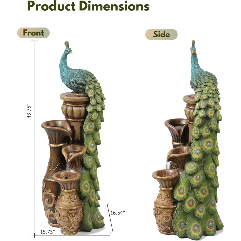 44-inch Resin Peacock Fountain, LuxenHome Outdoor Fountain with Water Tank and LED Lights, Outdoor Tall Fountain