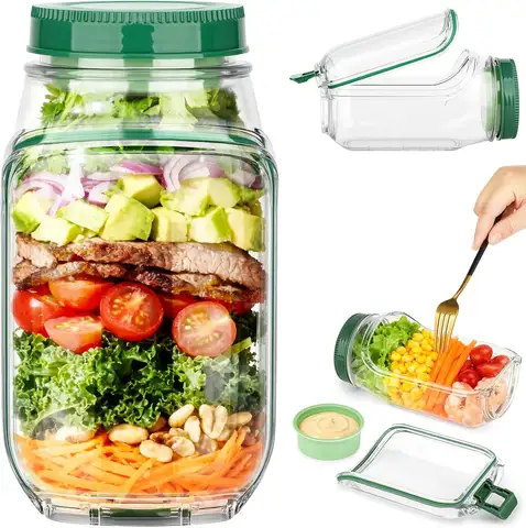 Salad Pod Mason Jar Side Open, Leakproof Salad Container with Dressing Cup, Reusable Portable Lunch Jar for Office, Gym, Travel