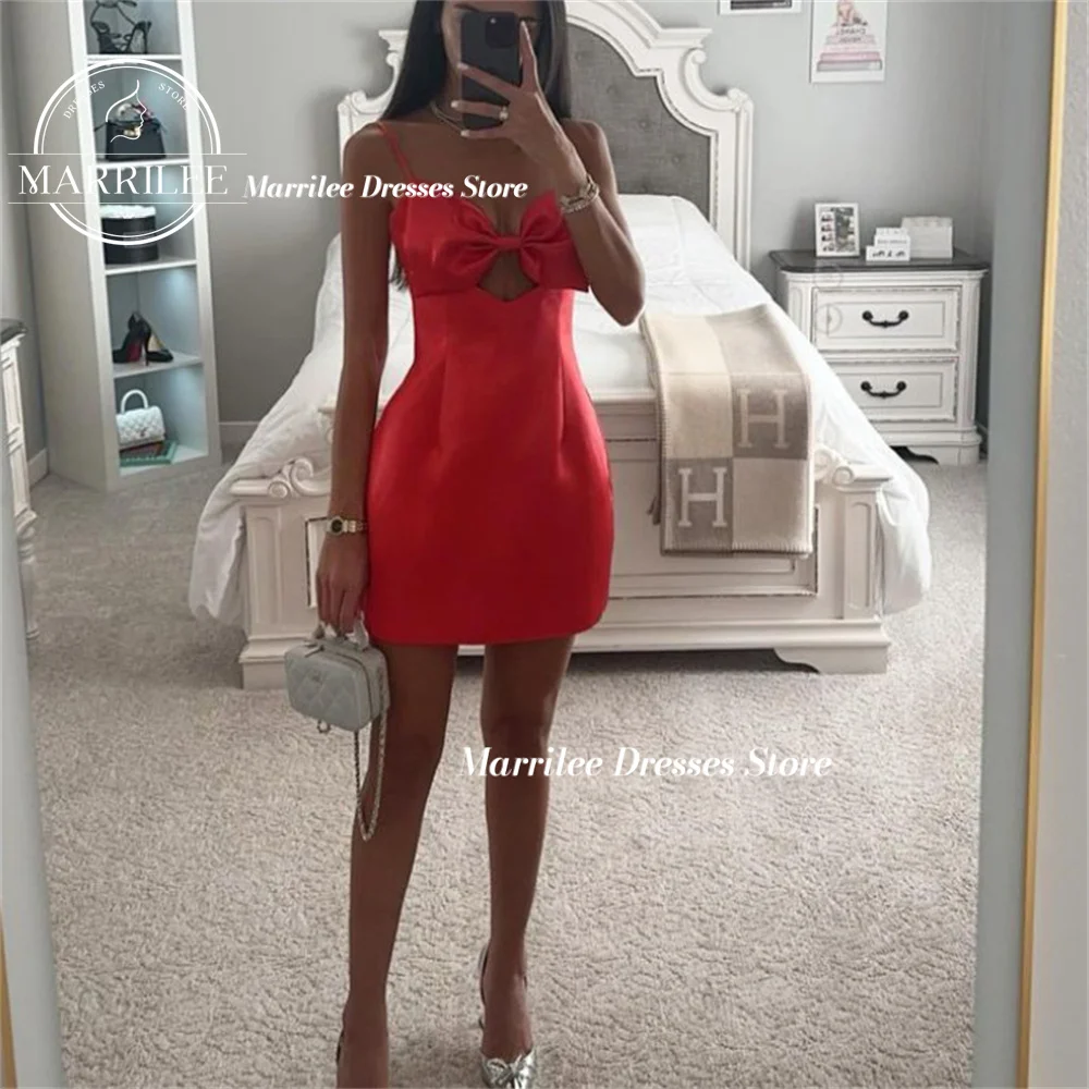 Marrilee Sexy Orange Spaghetti Straps Bow Stain Short Evening Dresses Above Knee Sleeveless Mini A-line Backless Prom Party Gown