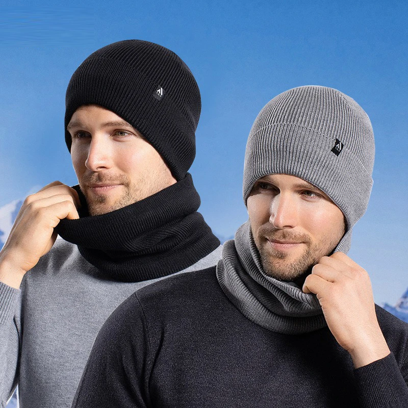 

Winter hat and scarf set - thick and warm knitted woolen hat for men, outdoor cycling ear protection head covering
