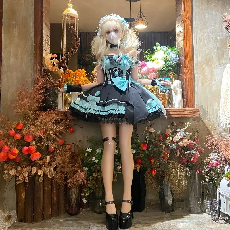 Japan Lolita New Spring and Autumn Rose Flower Bow Sweet Girl Princess Dress Women's Color Matching Jsk Short Dresses