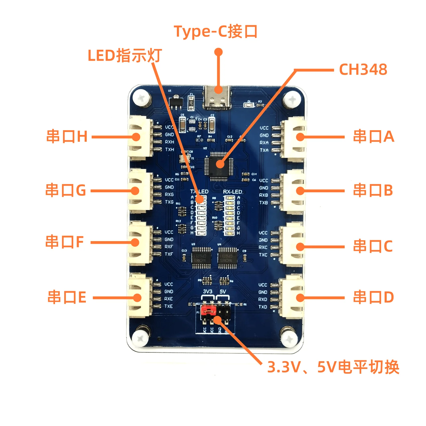 USB to TTL Multi-channel/4/8 Serial Port Expansion Module TyepC to TTL High-speed CH348 Chip