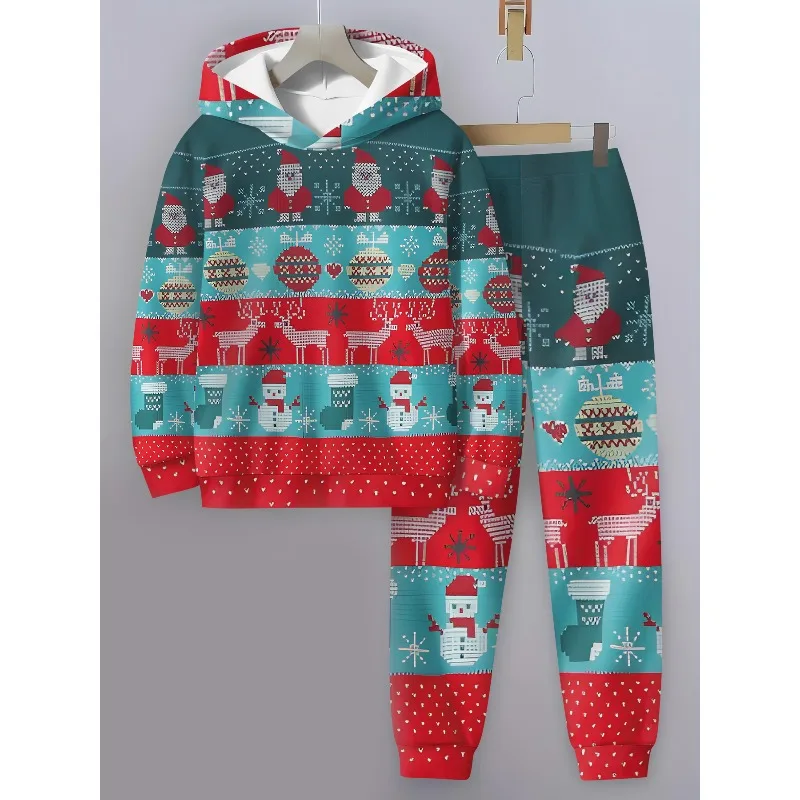 Толстовка с 3D принтом, модный тренд, красочная рождественская мода, комплект из 2 предметов, мужской комплект