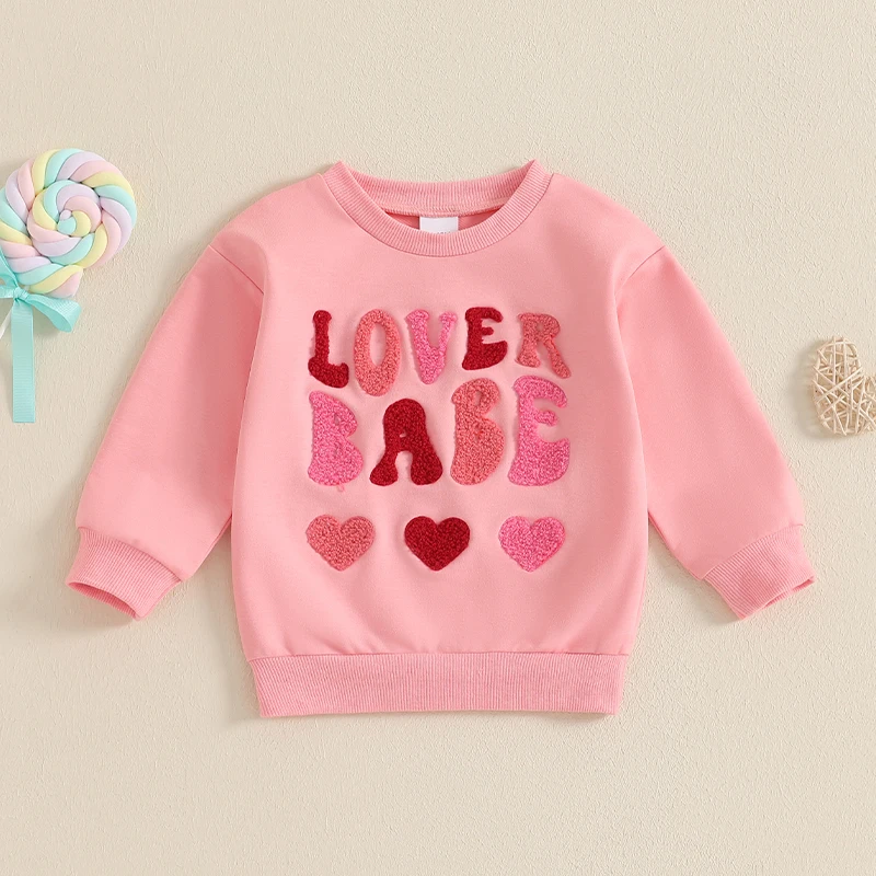 2024-10-23 Lioraitiin 6M-4Y Baby Girl Valentine Sweatshirts Long Sleeve Round Neck Heart Letter Embroidery Pullovers Warm Tops