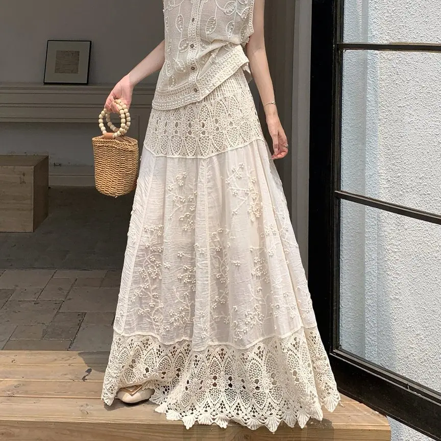 

Knitted Skirt Women Hollow Out Spring Summer Vestido Floral Crochet Skirt Korean Vintage High Waisted Midi Long Skirts Maxi rok