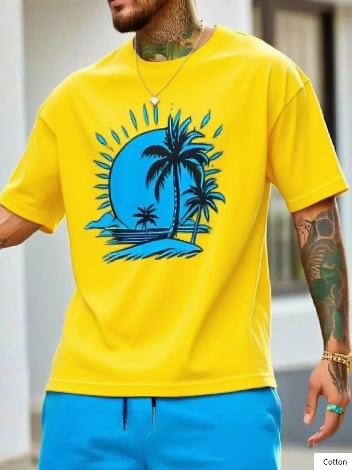 تي شيرت قطني برسومات شجرة النخيل والقمر على طراز العطلة الاستوائية - قميص علوي مثالي للشاطئ والمظهر غير الرسمي تي شيرت S-4XL