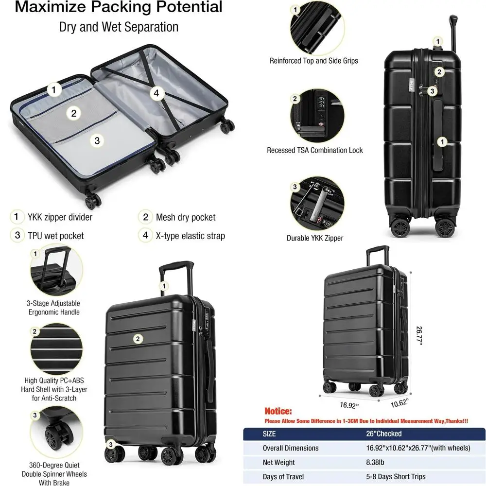 

26 TSA-Approved Medium Hardshell Spinner Suitcase with Cup Holder - Durable Travel Luggage for Men & Women in Black