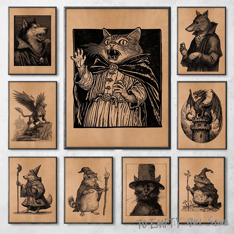 Witcher mitológico, animales, vampiro, mago, Rana, dragón, gato negro, cartel Vintage de Gryphon, pintura en lienzo, cuadro de pared, decoración del hogar