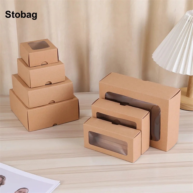 

StoBag 10pcs Kraft Paper Gift Box with Window Packaging for Candy Sweets Chocolate Cake Storage Baking Birthday Party Favor