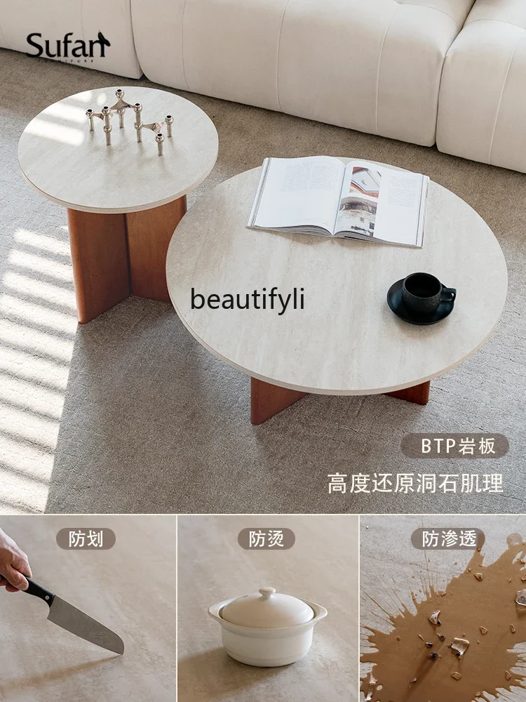 Gemini/Cave Stone Stone Plate Durable/Simple Black/Medieval Teak Color Size round Coffee Table Combination