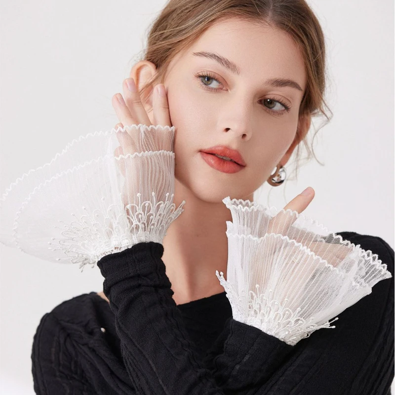 Tull blanco elástico corto falso mangas acampanadas doble capa volante encaje puños desmontables suéter accesorios decorativos