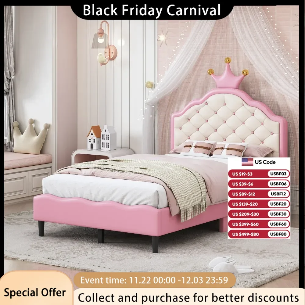 Upholstered Bed Frame with Crown Headboard, Wooden PU Leather Princess Bed with Button Tufted Headboard,Pink Beds for Girls