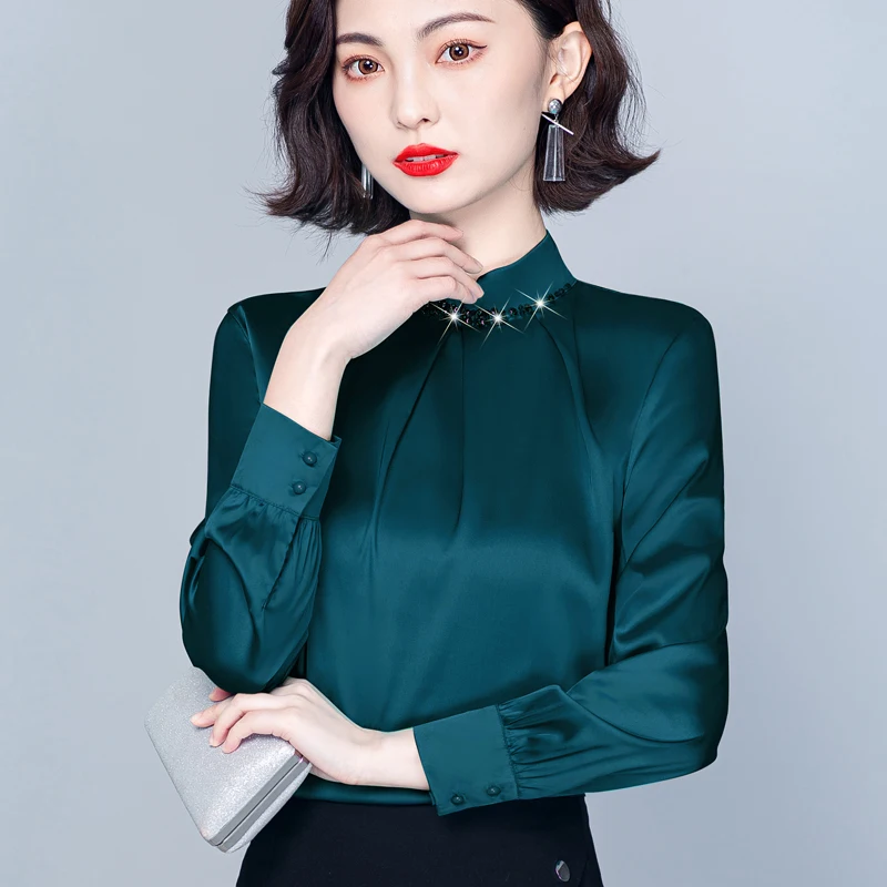 Chiffon Women's Shirt 2025 Spring Female Clothing New Stand Collar Beaded Womens Tops OL Fashionable Long Sleeved Women's Shirts