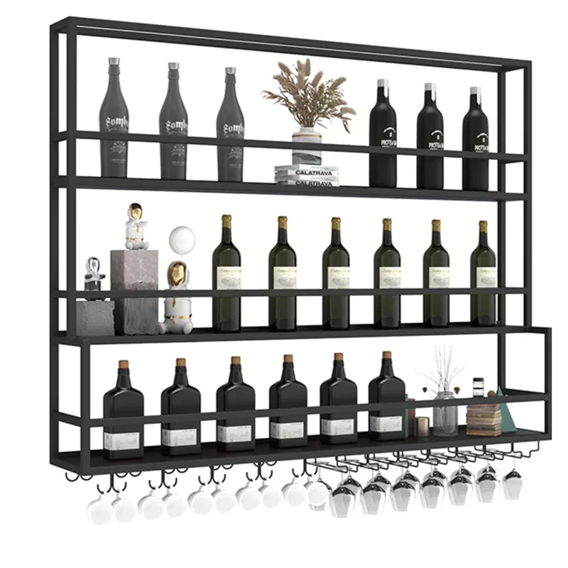 Creative Wall-mounted Wine Rack for Kitchen Three-layer Iron Solid Showcase with Lights Modern Luxury Household Shelf for Hotel