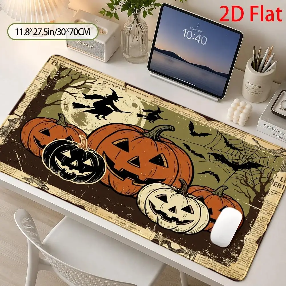 Large Spooky Halloween Witch Flying Over Pumpkins Desk - Vintage Newspaper Texture Mouse Pad Suitable for Home Office, Gaming Room, Computer Desk