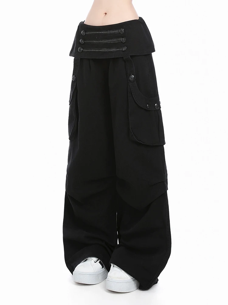 REDDACHiC Women Wide Leg Cargo Pants Napoleon Black Fold Over Waist Cleanfit Button Decor Big Pockets Trousers Punk Streetwear