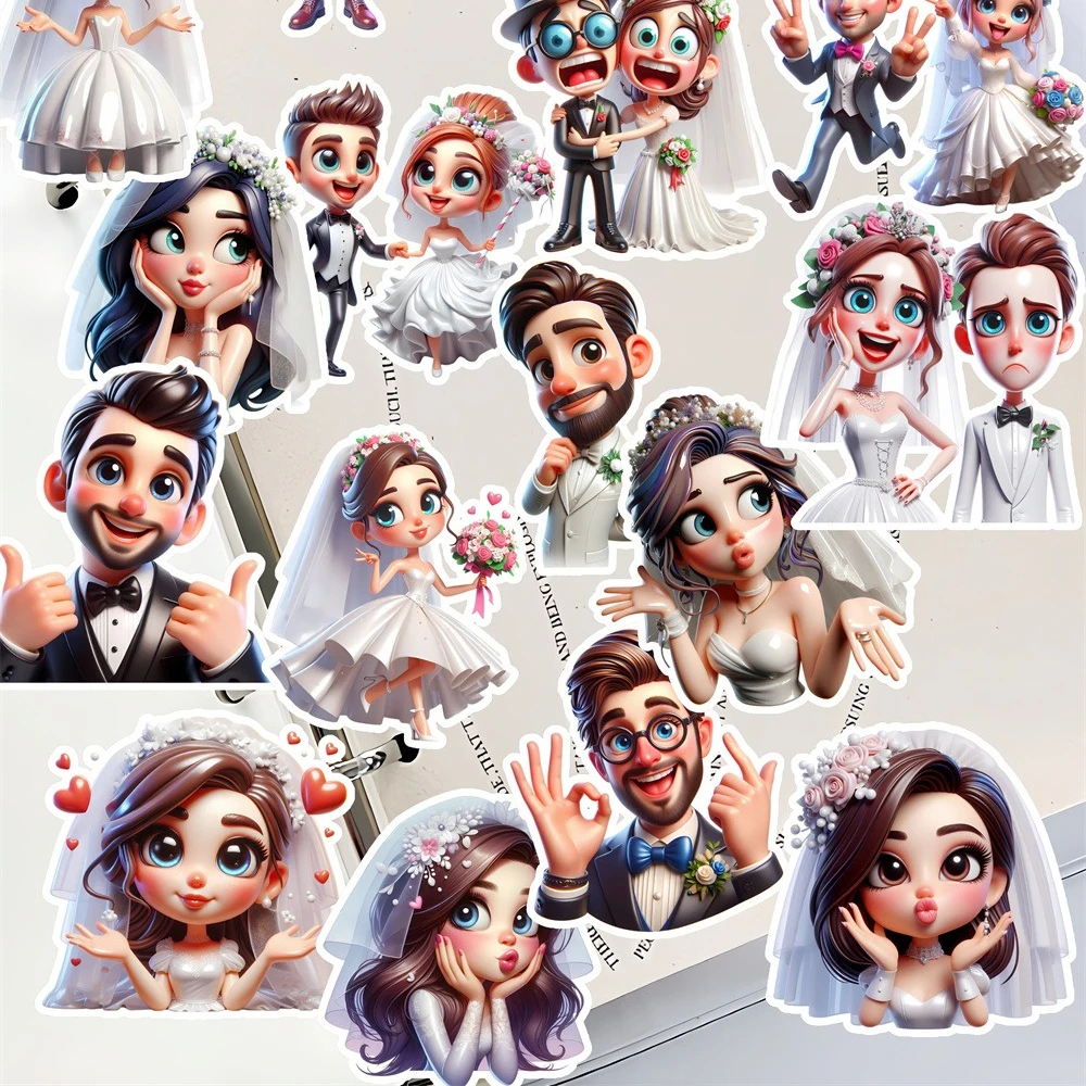 18pcs Cartoon Wedding Bride Groom Hand Account Sticker Set with Time Beauty Characters, Perfect for Scrapbooking and Stationery