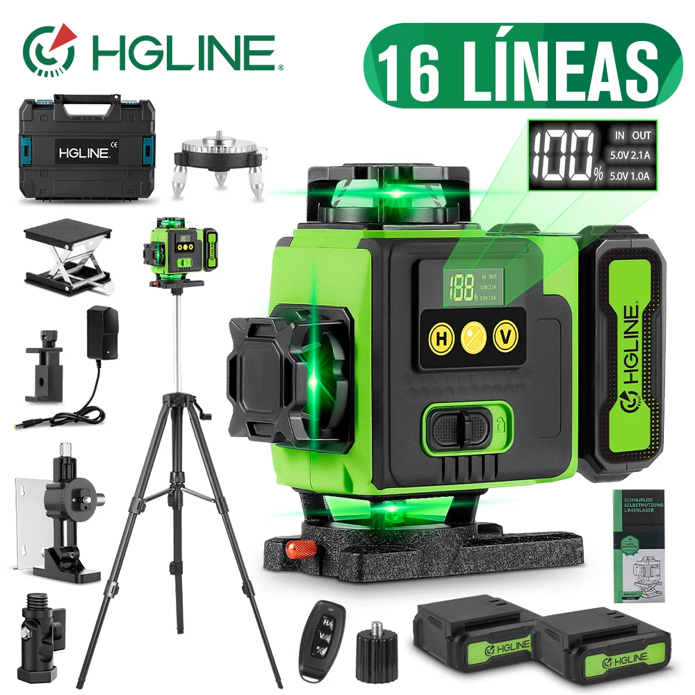 HGLINE-Nivel láser de 16 líneas, aplicación remota, Control de niveles horizontales y verticales, pantalla de potencia, nivelación láser con trípode de 100cm