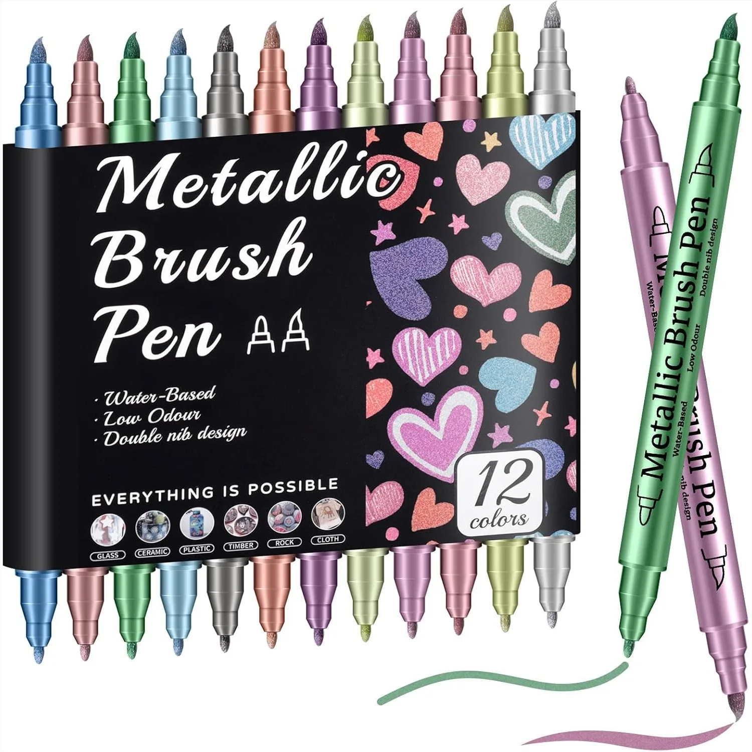 

Metallic Markers 12 Pack, Dual Tip Paint Pens for Black Paper & Rock Painting, Water Based Acrylic for Scrapbooking, Glass, Wood
