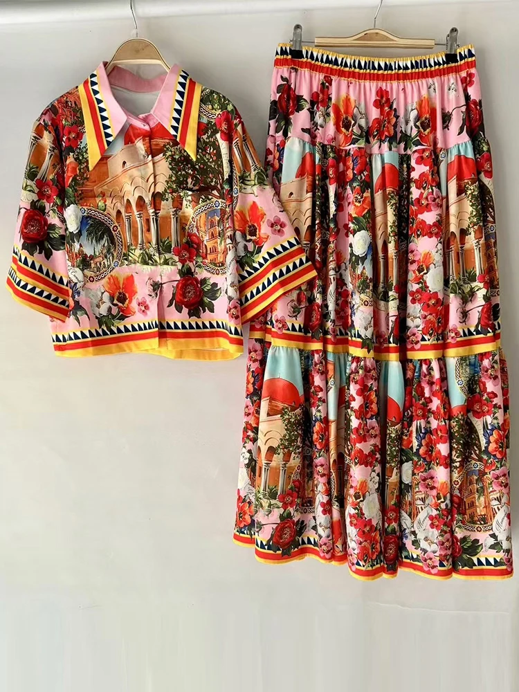 Retro summer new single-breasted short-sleeved short printed shirt with high waist and big skirt fashion two-piece female suit
