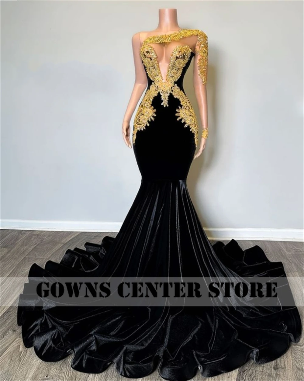 Gold Beaded Lace Appliques One Shoulder Long Sleeve Black Velvet Prom Dresses For Party Wedding Evening Black Girls Customized