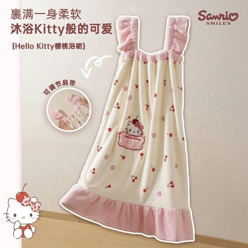 Falda de baño con tirantes de Hello Kitty, serie Cherry Girl Heart, terciopelo Coral, absorbe el agua, no se queda, dibujos animados de Anime de secado rápido