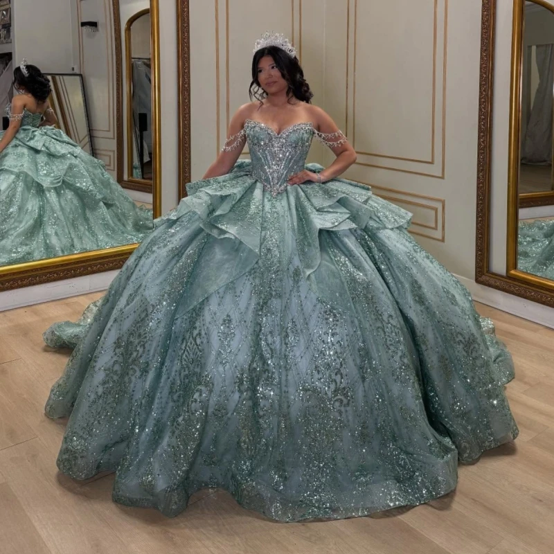

Mint Green Shiny Quinceanera Dresses Off The Shoulder Sequin Applique Lace Beading Bow Tull Party Birthday Sweet 16 Dress Vestid