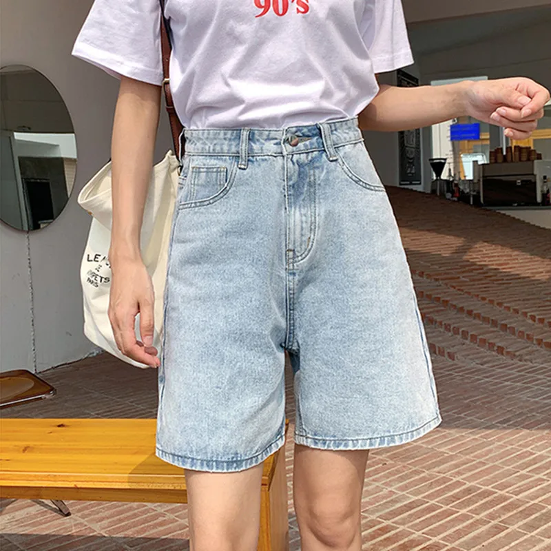 FINEWORDS Korean Classic Blue Wide Leg Shorts Women Summer Vintage Casual High Waist Shorts Jeans Loose Harajuku Denim Shorts