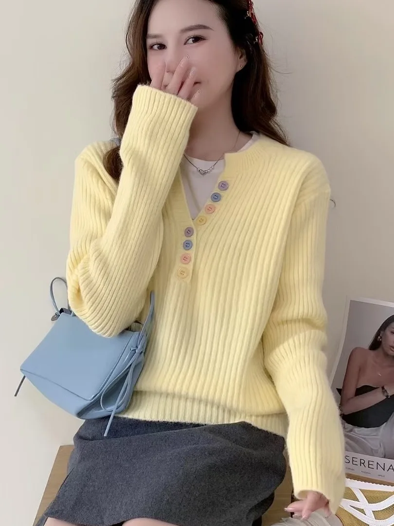   Bouton Long Sve Pull tricoté Femme Printemps Automne Hiver Nouveau Sle Design coréen Sensation Vent doux Anti-agi...