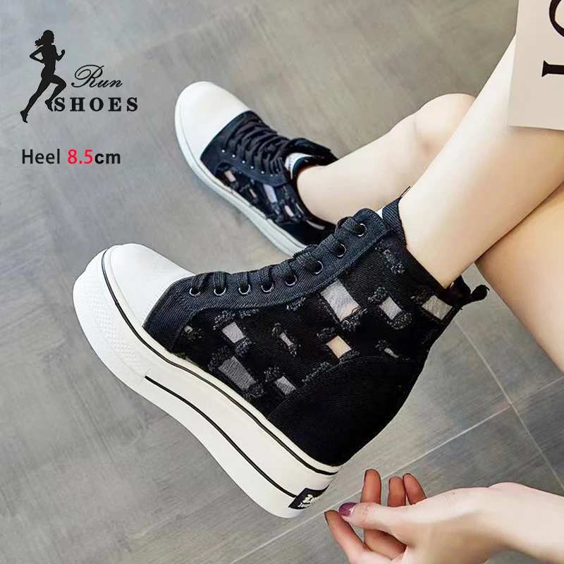 Women's Thick Sole Sneakers Summer Autumn White Lace-up Casual Shoes 2024 Female Increase Height Breathable Mesh Canvas Shoes image 2