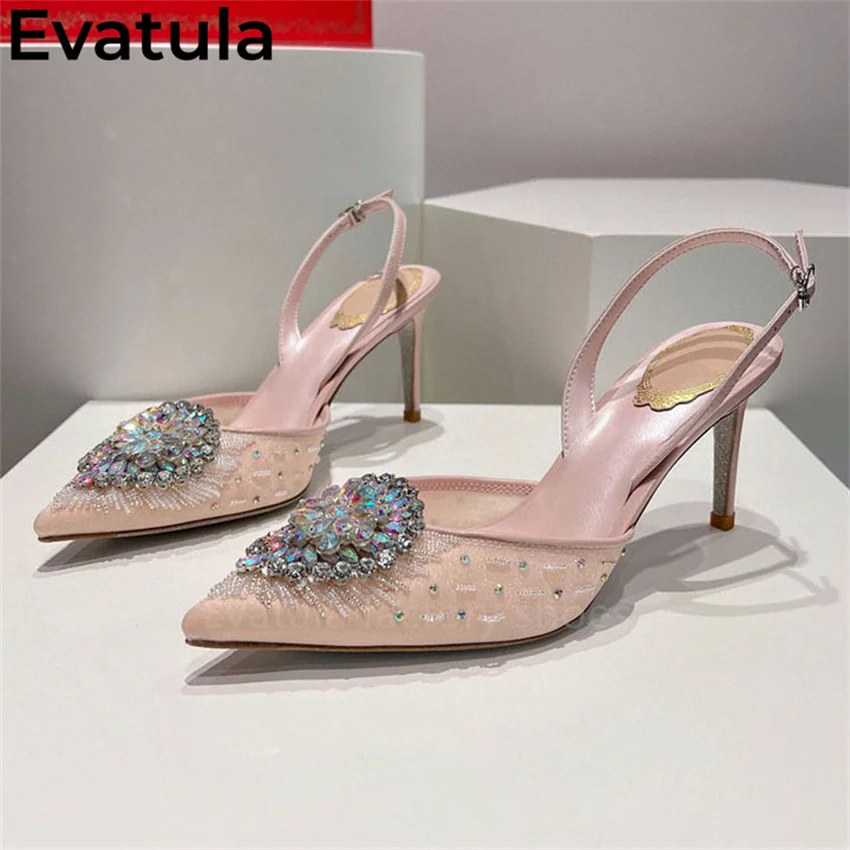 Evatula, Sandalias de tacón alto de cristal con punta puntiaguda de encaje para mujer, zapatos de tacón de 7,5 cm de altura para verano, vestido de Hada de las flores para mujer, zapatos de fiesta para mujer