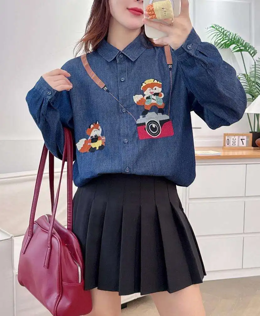 Japońska koszula dżinsowa z haftem w stylu Mori Girl, vintage, z motywem lisa, damska, wiosenna, z kołnierzykiem, długi rękaw, luźna bluzka codzienna.