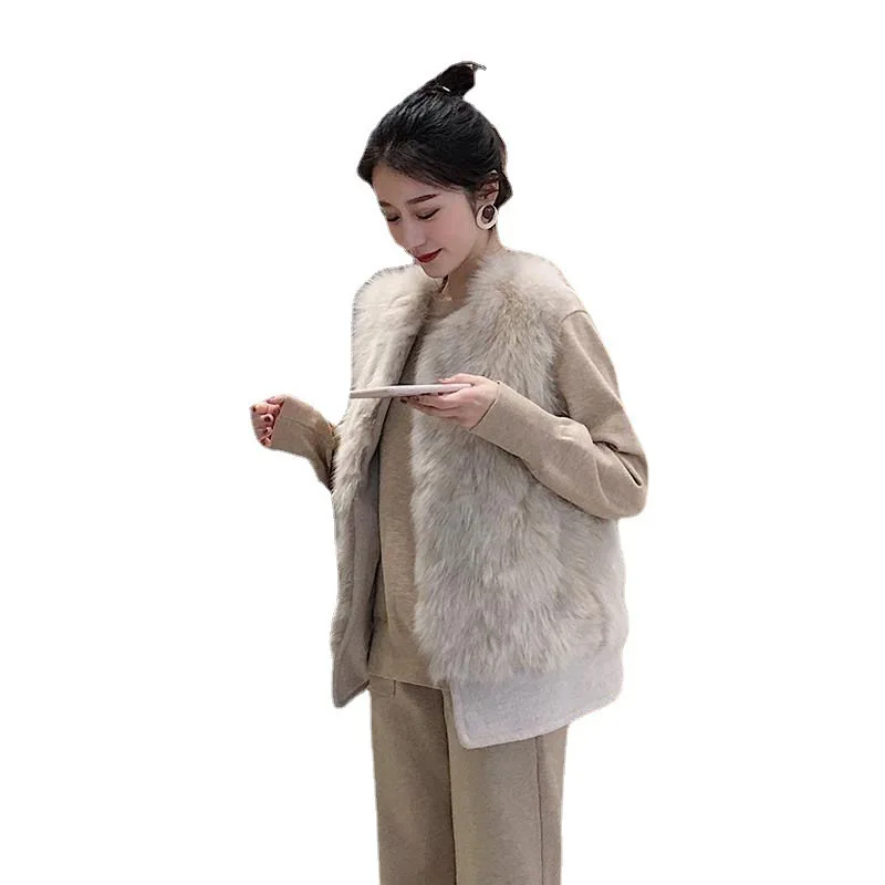 가을 겨울 새로운 패션 여성의 오-넥 민소매 캐주얼 트렌디 우아한 럭셔리 단순 기본 인조 모피 코트 여성 의류상의