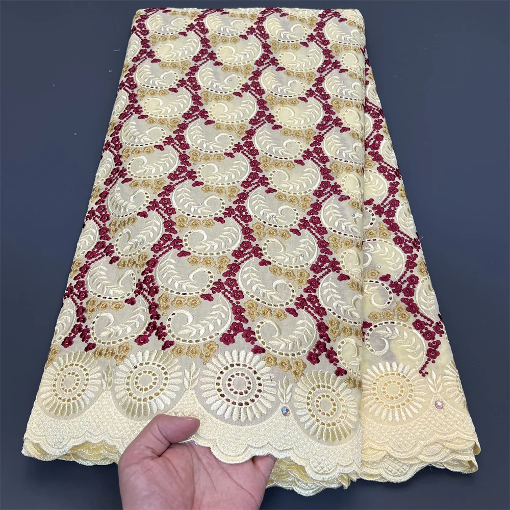 

2025 High Quality African Nigerian Embroidery Lace Fabric,Party Dresses Cotton Fabric Per Meter,Rhinestone,Linen,Tulle,5 Yards