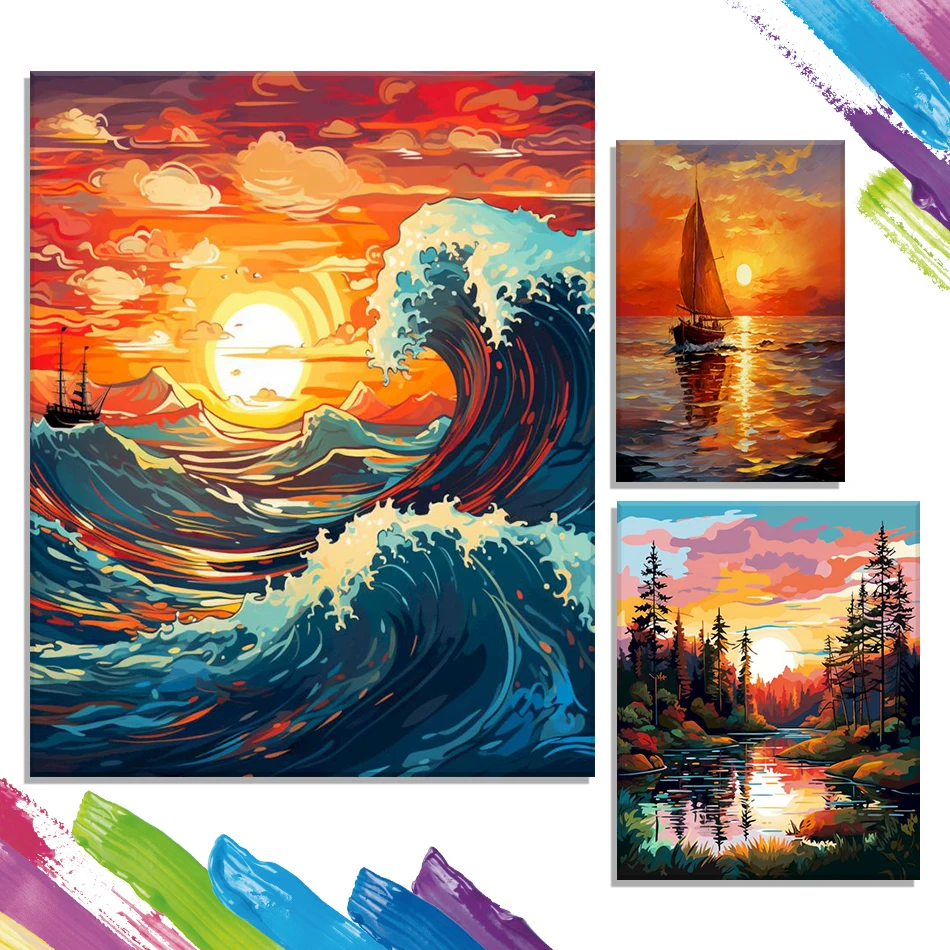 

GATYZTORY Painting By Numbers On Canvas Golden sunset scenery For Beginner Coloring By Numbers Watercolor Crafts Home Decoration