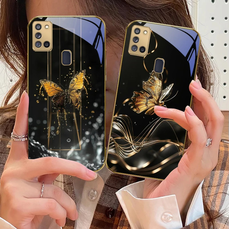 الفراشة الذهبية لسامسونج A 31 32 A33 A34 35 14 A15 13 16 25 26 50 52 53 54 55 56 70 71 72 73 حافظة هاتف زجاجية ذهبية