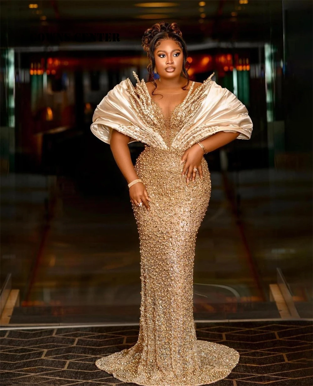 Fancy Aso Ebi Champagne Evening Dresses Pearls Beaded Mermaid Plus Size Luxury Dress Woman 2025 robes de soirée Customized