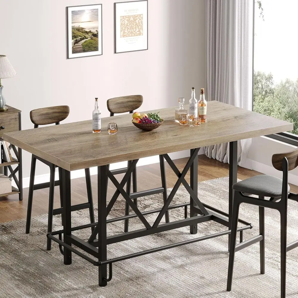 

Industrial Style 63 Counter Height Pub Table with Metal Footrest for Kitchen and Home Bar (Gray)