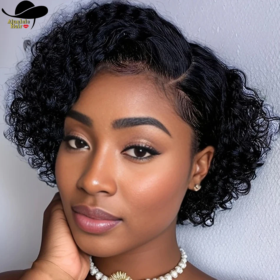 

Indian Hair Side Part Wig Human Hair 13x4x1 Lace Frontal Water Curly Wig Pixie Short Bob Natural Black Color Kinky Curly Wig