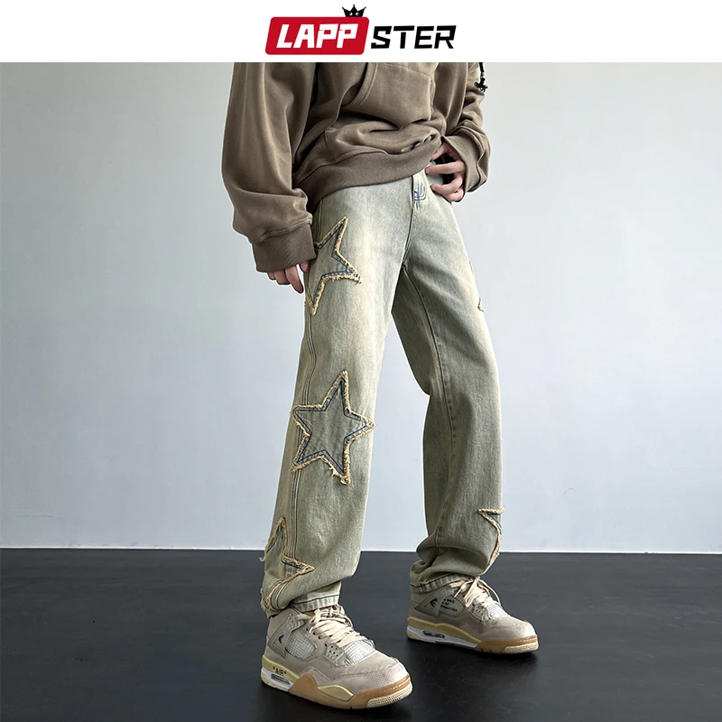 LAPPSTER Washed Stars Y2k Japanese Streetwear Jeans Pants 2023 Blue 90s Vintage Stacked Jeans Low Rise Korean Fashions Denim