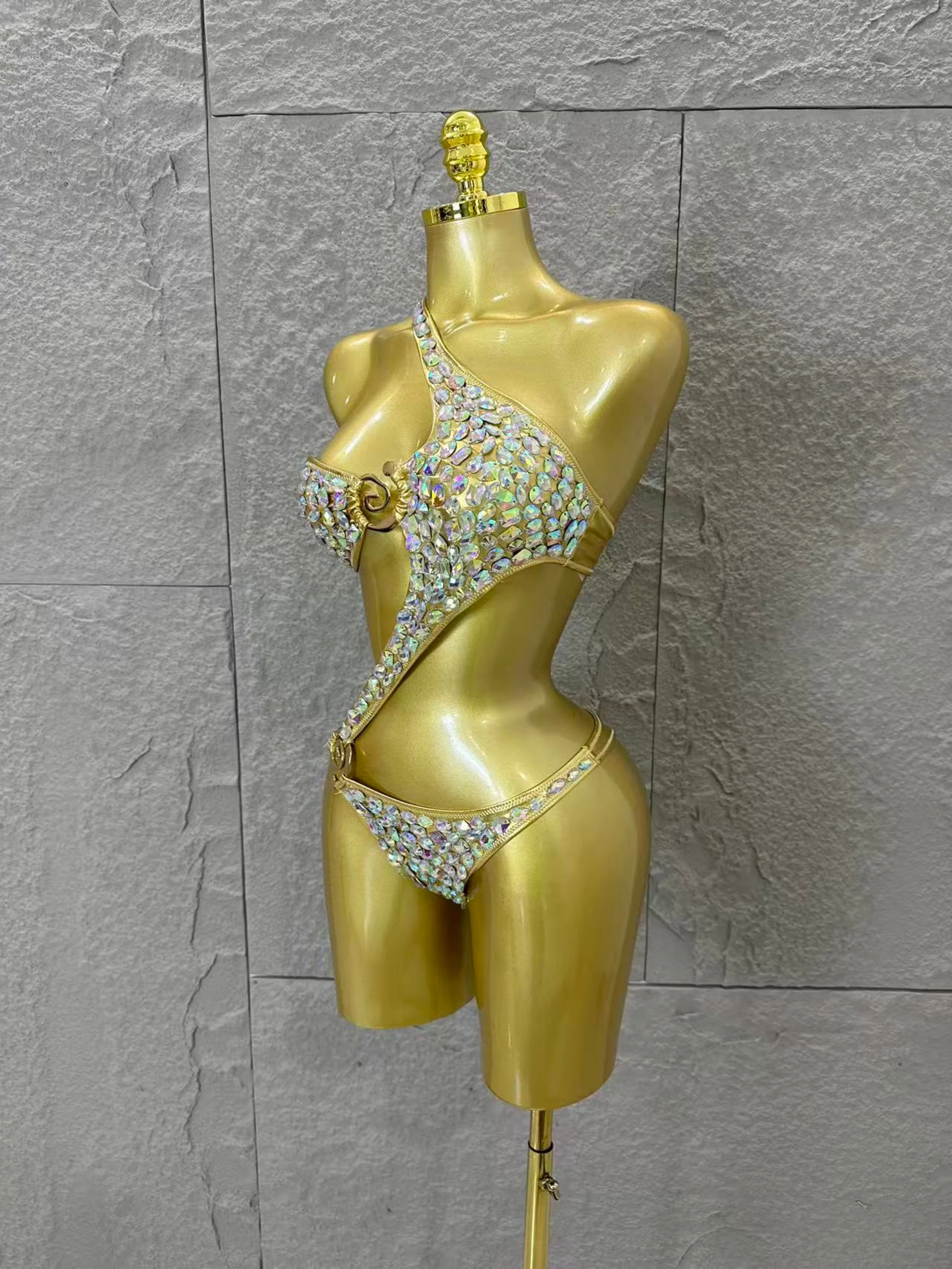 Gold Luxurious Black Bodysuit Women Sexy Halter Neck Iridescent Crystal Embellished Cutout Outfit Stage Performance Costume view 3