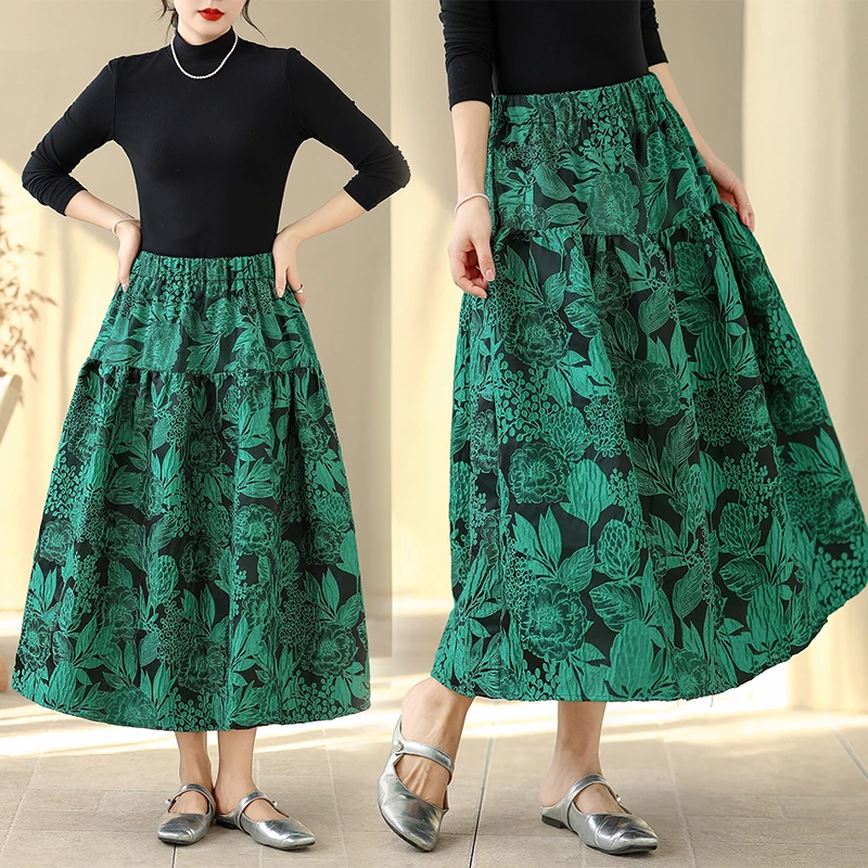 

Spring New Style Embossed Floral Half Skirt Casual Versatile Mid-Length Women's Puffy Skirt High Waist Polyester Fiber