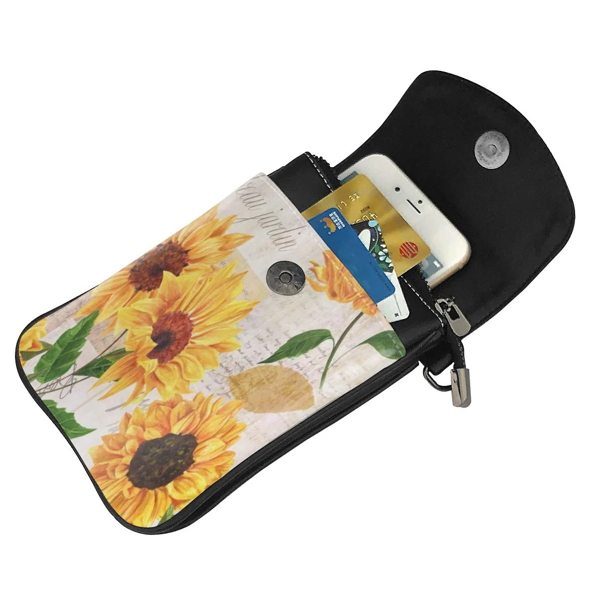 Yellow Sunflower Watercolor Leather Cell Phone Purse Card Holder Wallet Multipurpose Mini Shoulder Purse