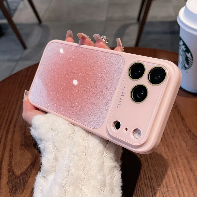 Liquid Silicon Large Window Acrylic Case for iPhone 17 16 15 14 13 12 Pro Max Luxury Crystal Gradient Glitter Bumper Armor Cover