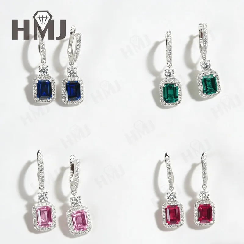 

Lab Grown Gemstone Earrings Emerald-Cut Ruby/Sapphire/Padparadscha/Colombian 925 Sterling Silver Ear Studs Christmas Party Gift