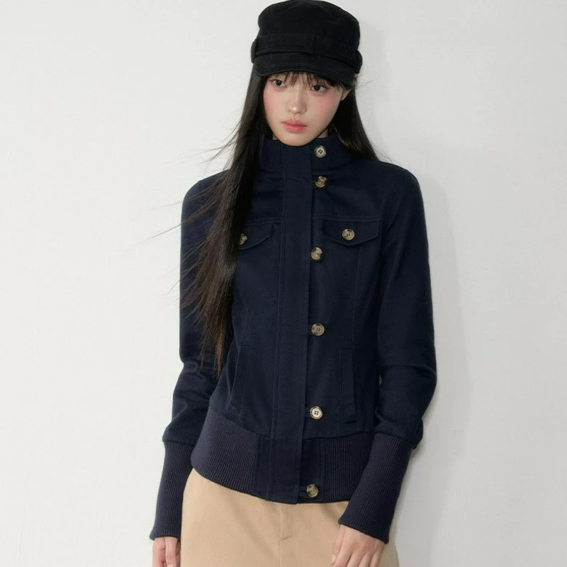 2026 Autumn New Fashion Workwear Coat Korean Retro Slimming Form-fitting Zipper Buttoned Semi-high-neck Short Jacket for Women