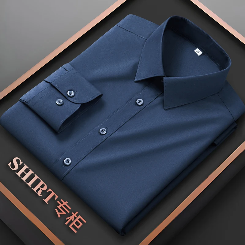 Men's High Stretch Shirt, Men's Long Sleeved Black Wrinkle Resistant Ice Silk Spring and Autumn Business Elastic Plus Size Shirt