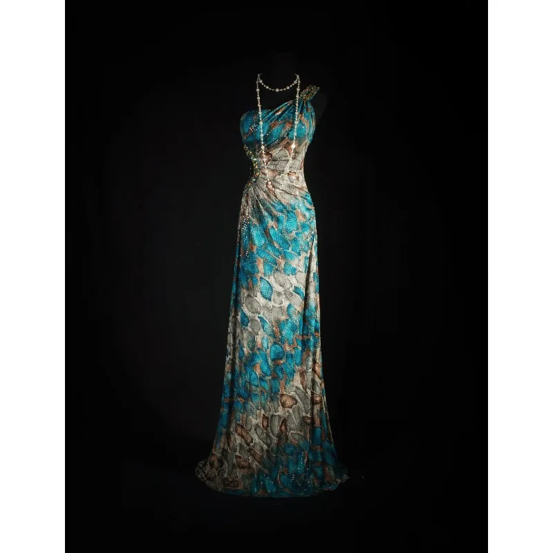 One Shoulder Printed Long Evening Dress, Slim Fit Knit Maxi Gown, Draped Formal Dress  Only The Dress Included, No Accessories