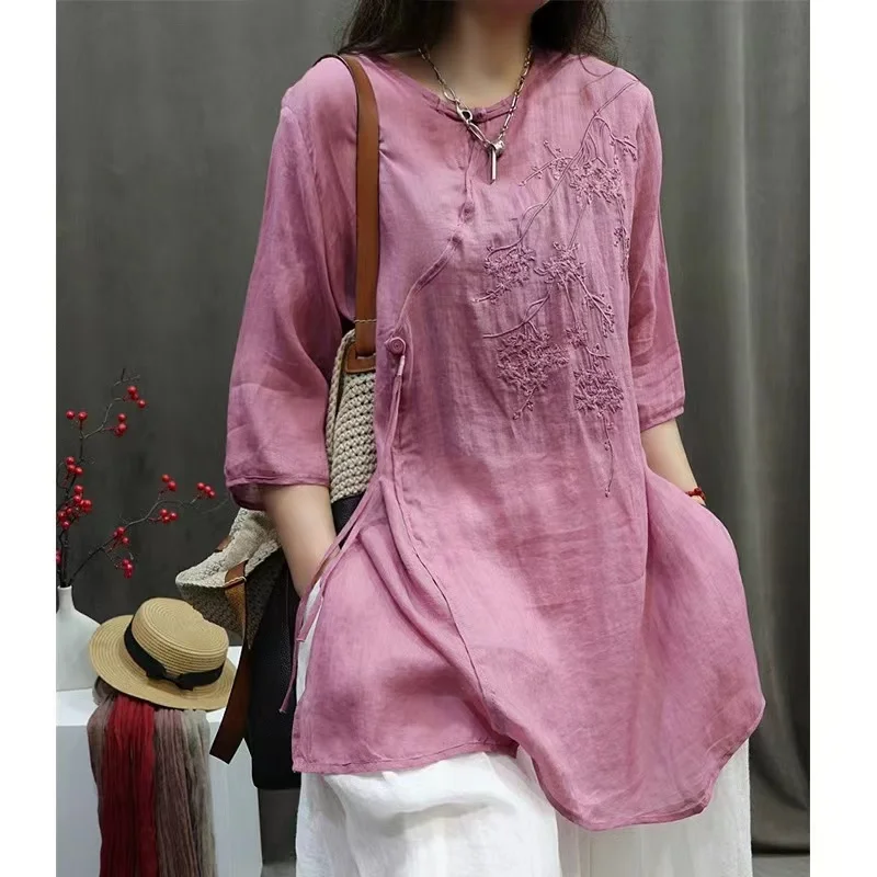 

Sli Summer 2025 Men's Linen irt with Button Embroidery Loose Fit Retro Sle Cotton Pure Color Casual Top